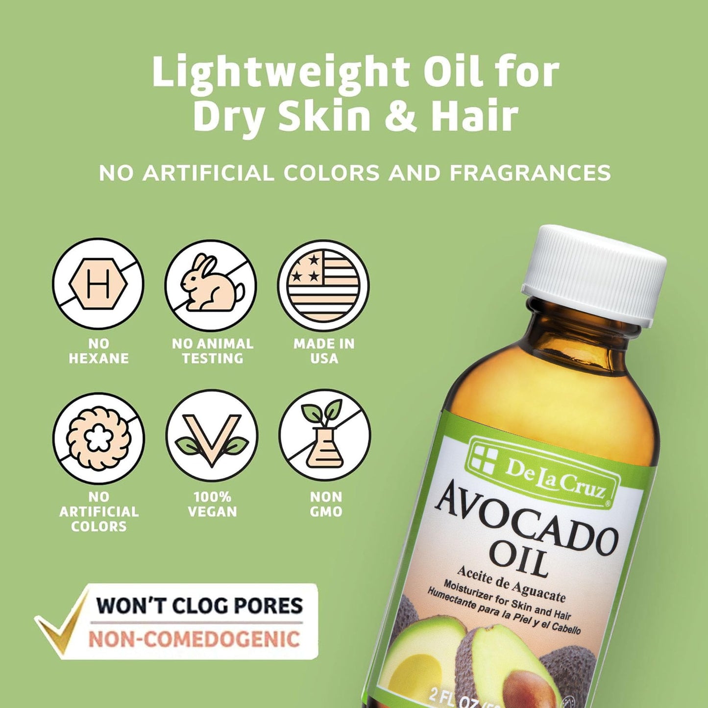 De La Cruz Avocado Oil - Expeller Pressed Pure 100% Avocado Oil for Hair and Body - Lightweight Body Oil for Dry Skin 2 FL. OZ