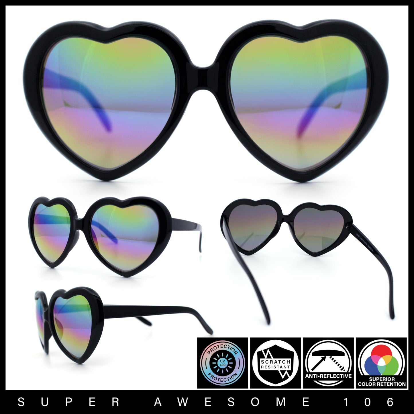 Womens Mirrored Rusta Mirror Lens Plastic Frame Heart Shape Sunglasses (Black)