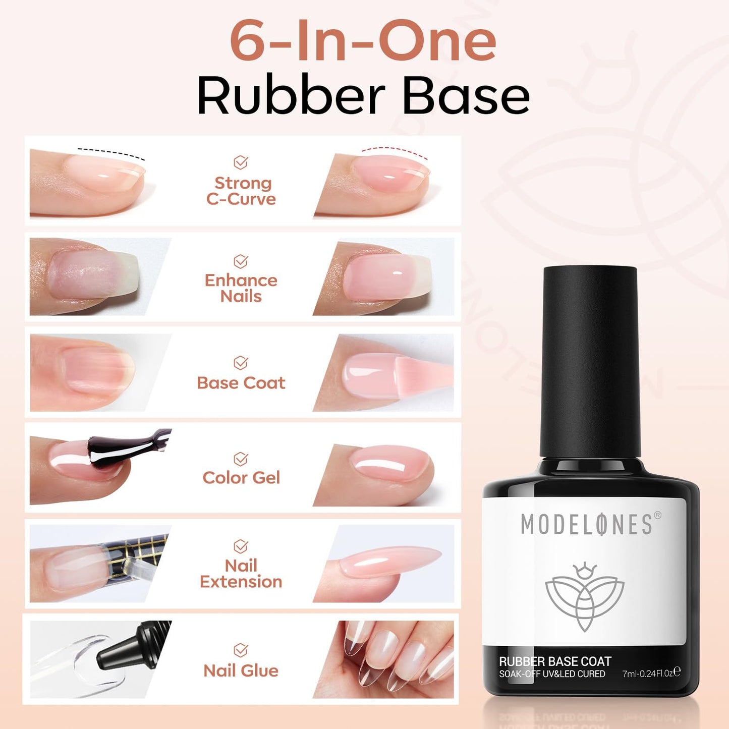 modelones Rubber Base Gel Nail Polish Set 6 French Tip Base Color Nude White Baby Milky Pink Strengthener Apex Building Extension Protect Weak Nails Beauty and Personal Care modelones