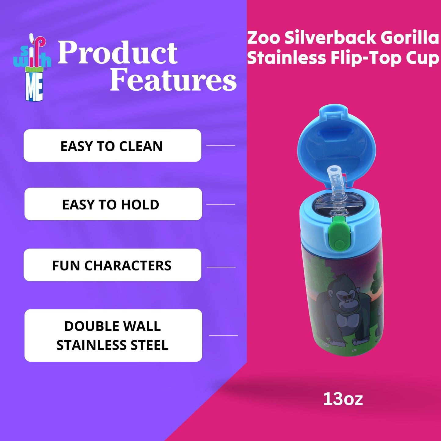 SRM Entertainment Zoo Silverback Gorilla Stainless Steel Water Bottle with Straw Lid, Tumbler with Straw Spout and Flip Top Spill-Safe Lid, Travel