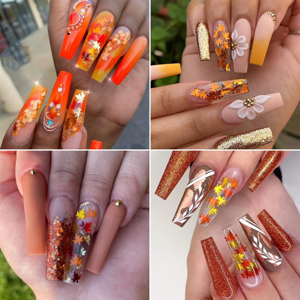 Fall Nail Art, 6 Boxes Fall Leaves Nail Glitters 3D Gold Maple Leaf Nail Sequins with Glitter Powder Gold Yellow Red Autumn Leaves Nail Art Flakes