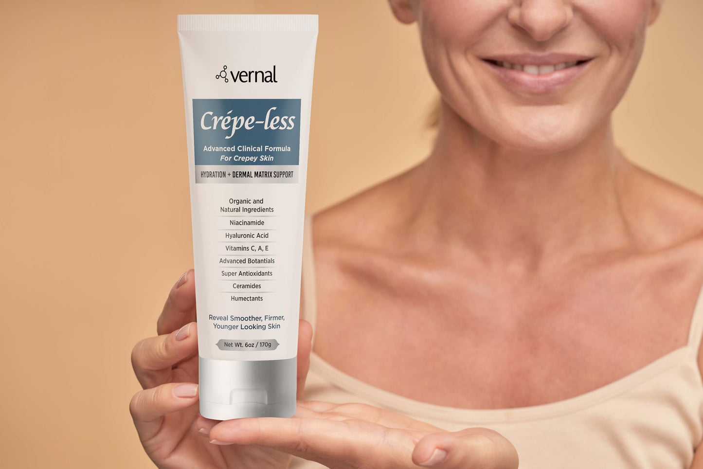 Vernal Crepe-less skin firming cream to reduce crepey arms, neck & hands. Organic tightening cream to reduce thin dry wrinkled skin. Best moisturizer