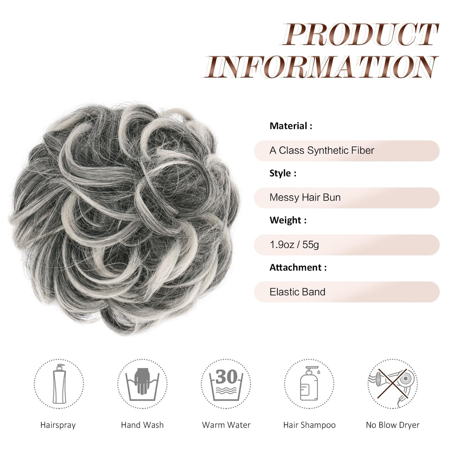 FESHFEN Large Messy Bun Hair Piece - Wavy Synthetic Chignon Scrunchies Elastic Ponytail Hair Extensions Thick Hairpieces for Women, Black Gray Beauty and Personal Care FESHFEN