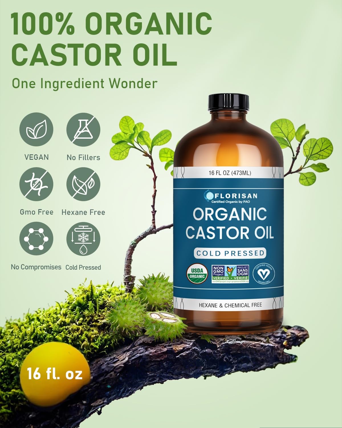 Florisan USDA Certified Organic Castor Oil 16oz Glass Bottle, Cold Pressed, Hexane-Free, Non-GMO, Vegan, 100% Pure Castor Oil for Hair Growth, Skin Beauty and Personal Care Florisan
