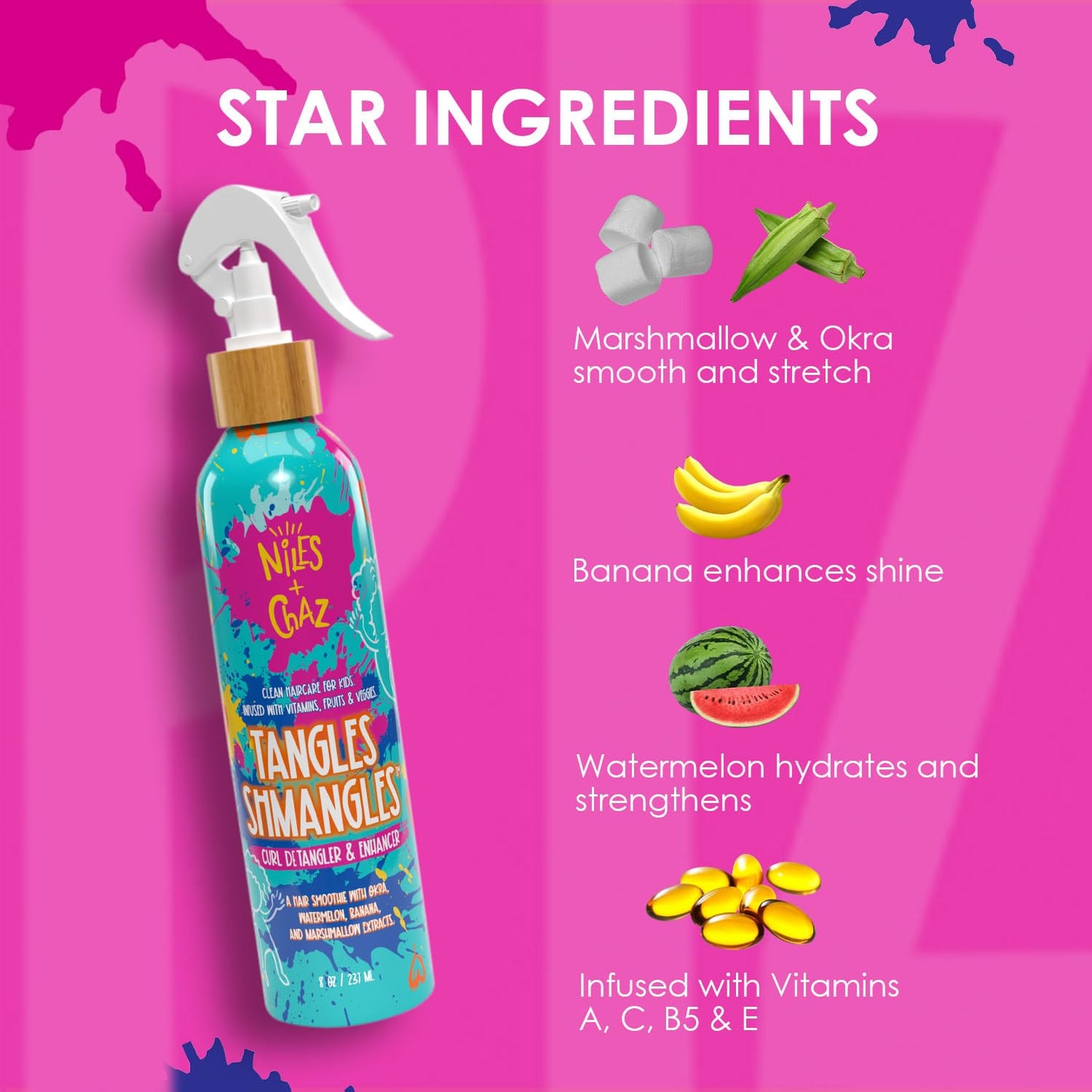 Niles + Chaz Tangles Shmangles Curly Hair Detangler Spray for Kids; Curl Enhancer, Hydrating Leave in Conditioner for Curly Hair Kids - Define Curls