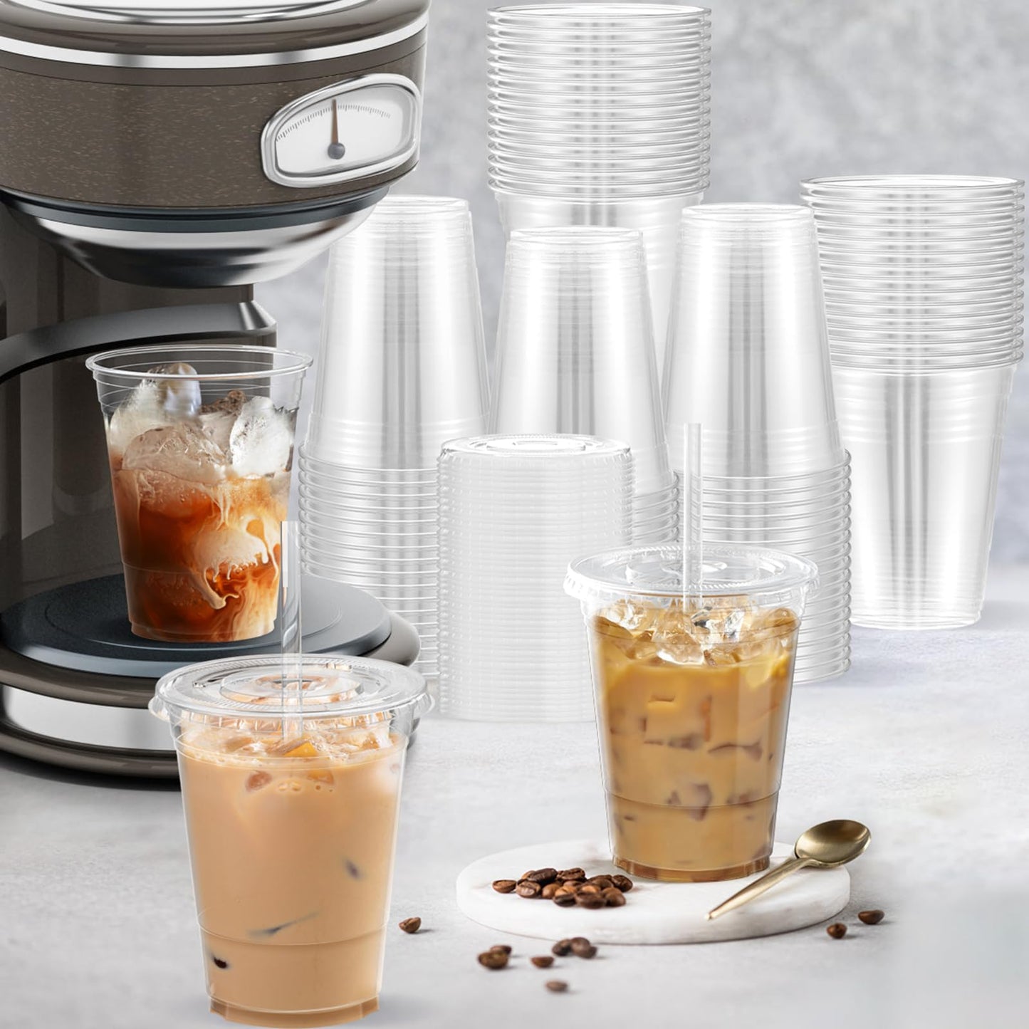 Dealusy 100-Pack 16oz Clear Plastic Cups with Lids & Straws – Sturdy Disposable Iced Coffee & Smoothie Cups for Cold Drinks