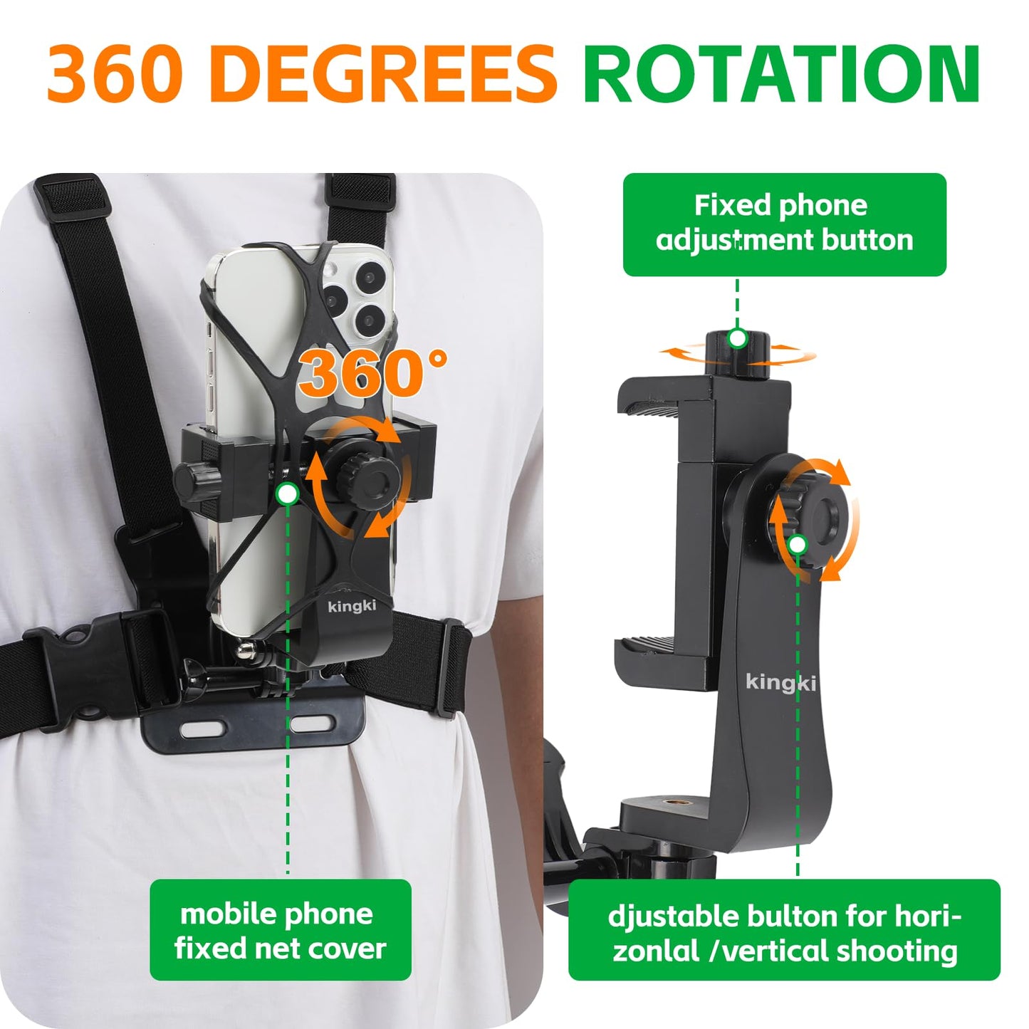 KINGKI Mobile Phone Chest Mount Harness Strap Holder Cell Phone Clip Action Camera POV for Samsung iPhone Plus etc