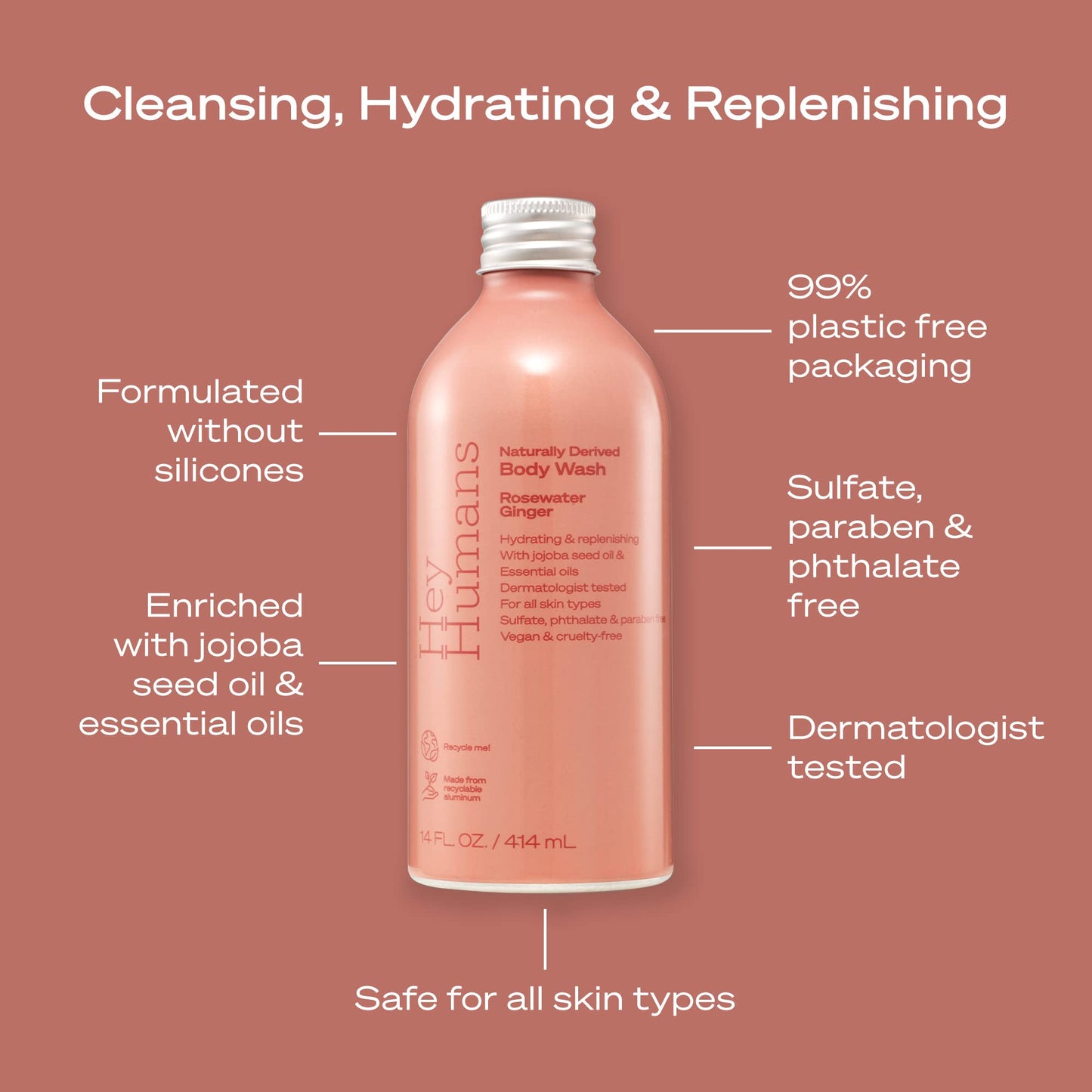 Hey Humans Rosewater Ginger Moisturizing Body Wash with Natural Ingredients & Jojoba Oil | Clean, Vegan, Sulfate Free Bath & Body Wash for Women |