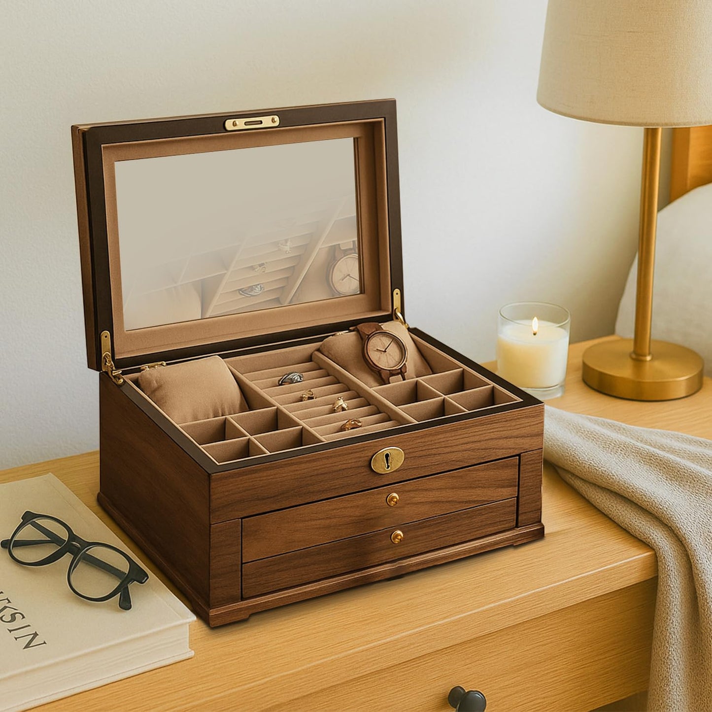 Bey-Berk Lacquered Walnut 3-Level Jewelry Box with Mirror, 2 Drawers and Locking Lid, Gold Accents, Ring Slots and Watch Pillows, 15.75" x 11" x 7"