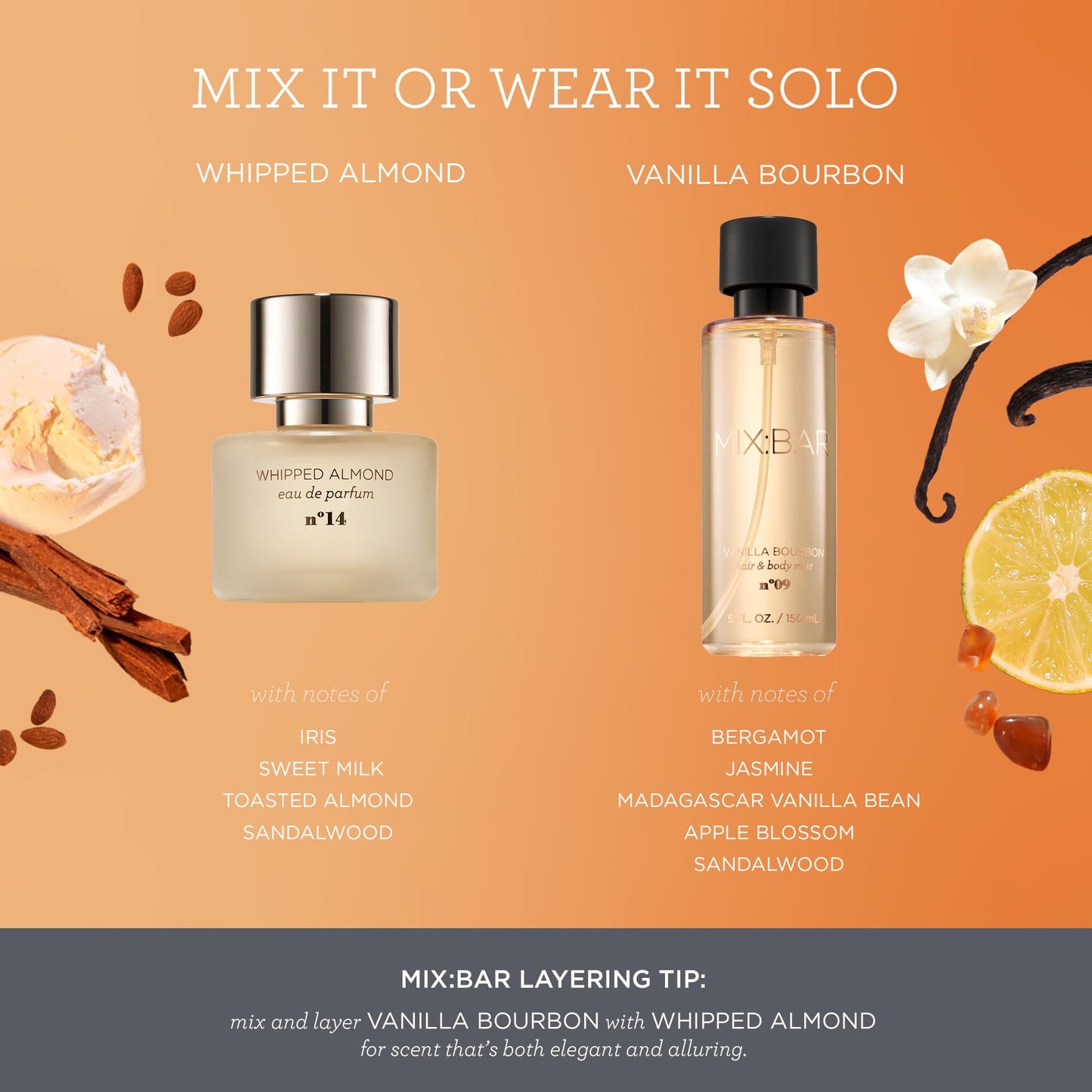 MIX:BAR Vanilla Bourbon Hair + Body Mist Spray for Women + Girls - Vanilla Bean, Sandalwood, Jasmine + Bergamot, Amber Fragrance Notes - Vanilla