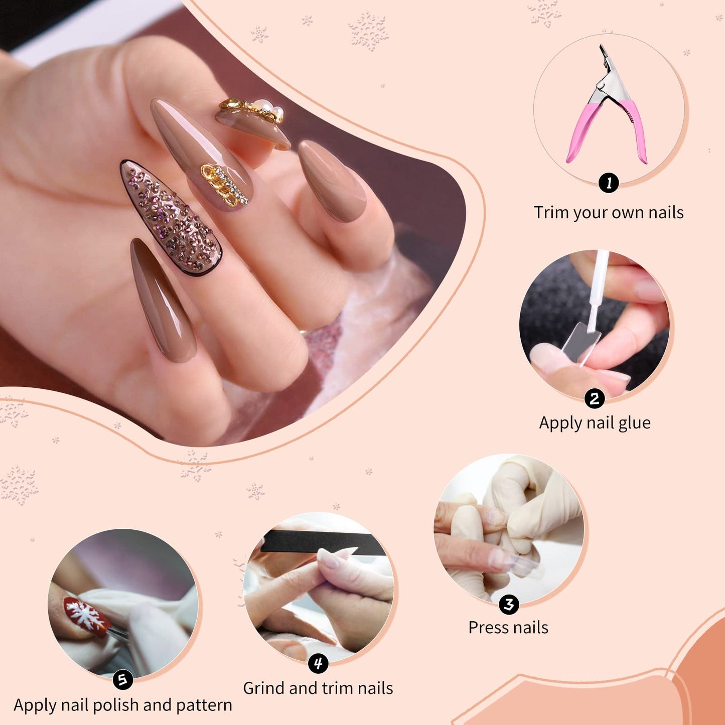 Abodhu Acrylic Natural Nail Tips Kit 500 Pcs French Tip Nails Set Square Half Cover False Nails with Glue, Files, Clipper, Storage Case, Nail Art