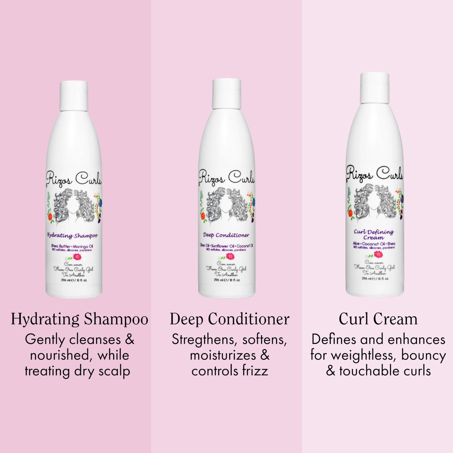 Rizos Curls Trio Bundle, Hydrating Shampoo & Deep Conditioner & Curl Cream Bundle, Gently Cleanse and Hydrate Curly Hair, Style & Define Curls