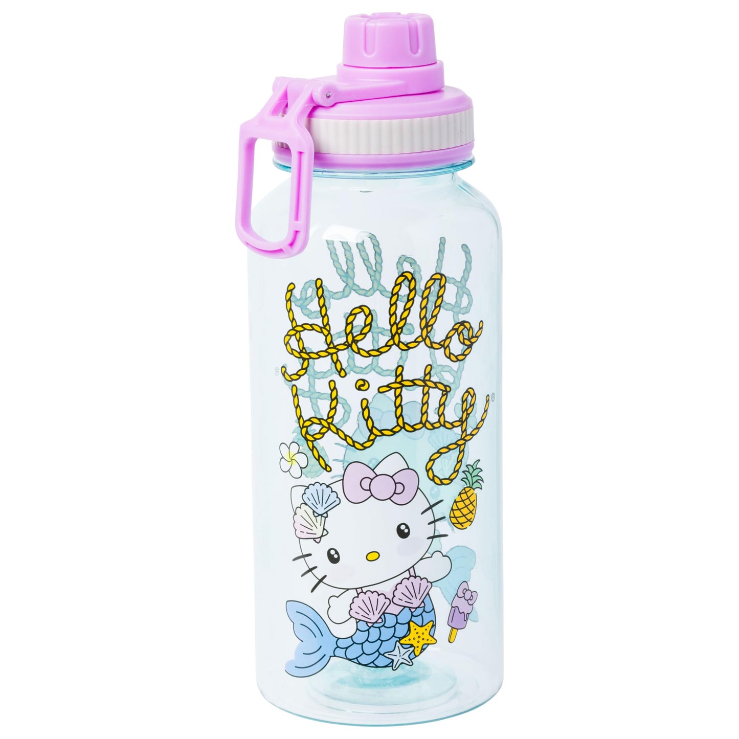 Silver Buffalo Sanrio Hello Kitty Mermaid Twist Spout Plastic Bottle with Sticker Set, 32 Ounces