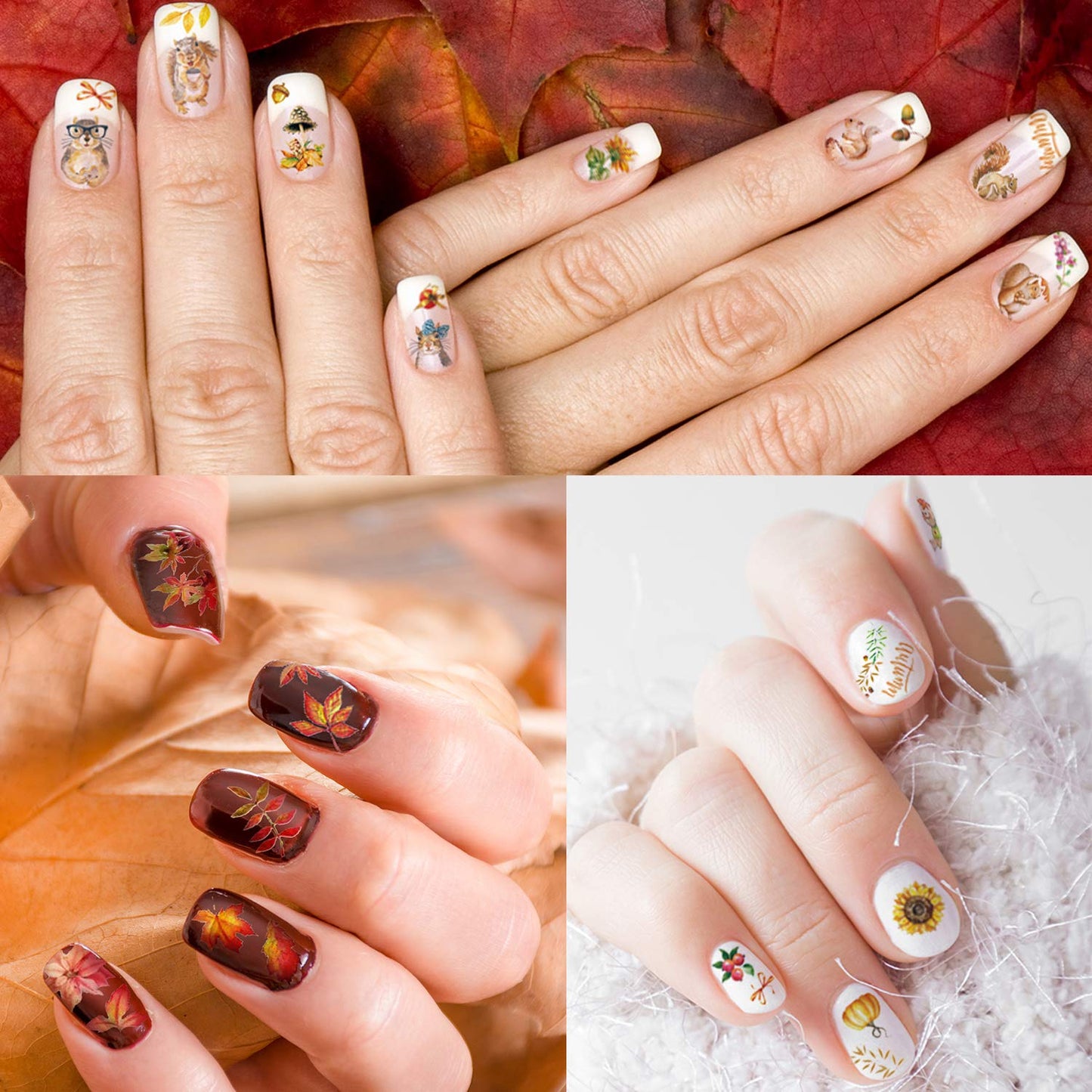 Adurself 1000+ Patterns Autumn Nail Art Decals Fall 3D Nail Self-Adhesive Stickers Harvest Pumpkin Maple Leaves Sunflower Squirrel for Women Girls