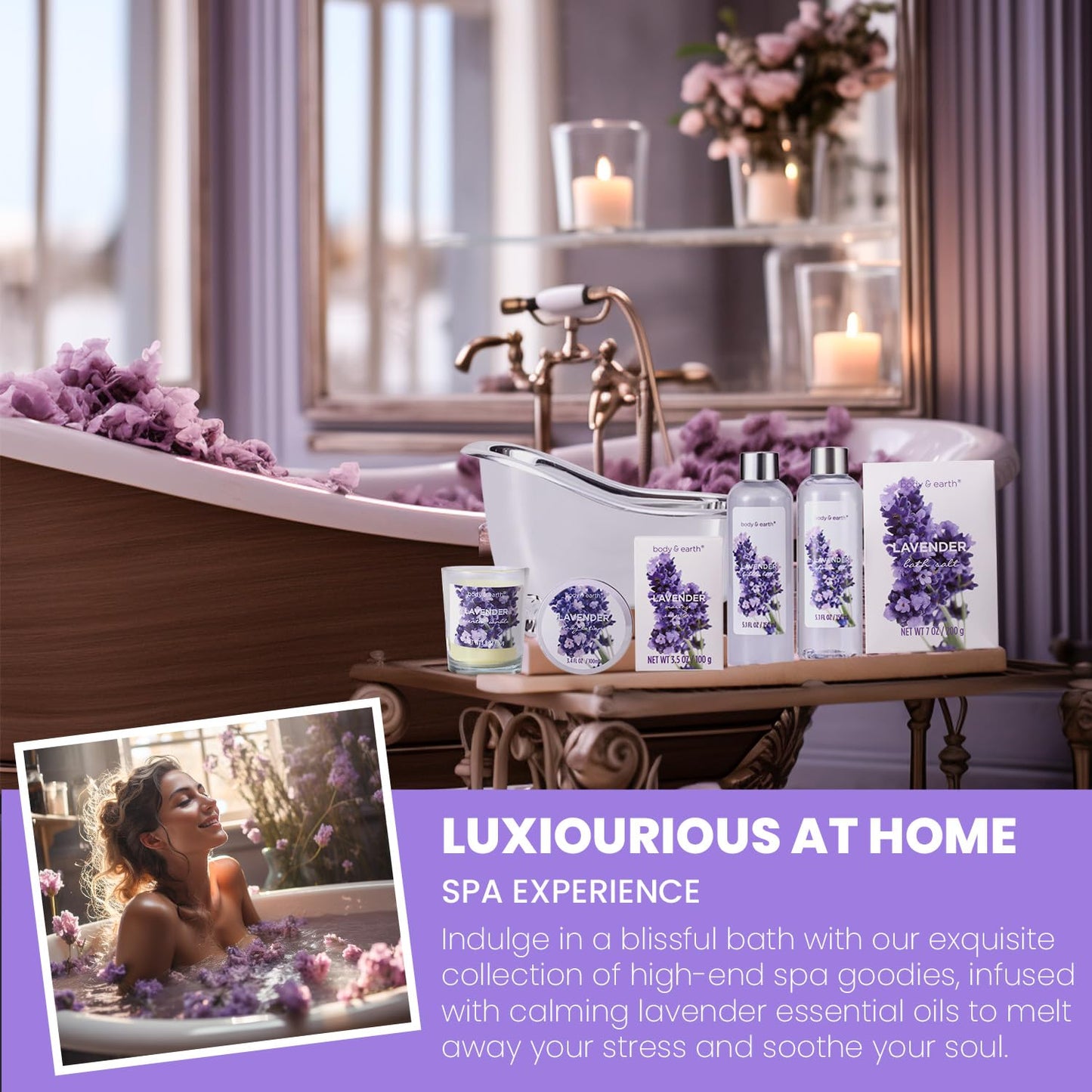 Gift Set for Women Body & Earth Gifts Set Lavender Gift Baskets For Women Bath Sets with Bubble Bath Body Lotion Scented Candle Mother‘s Day Gifts