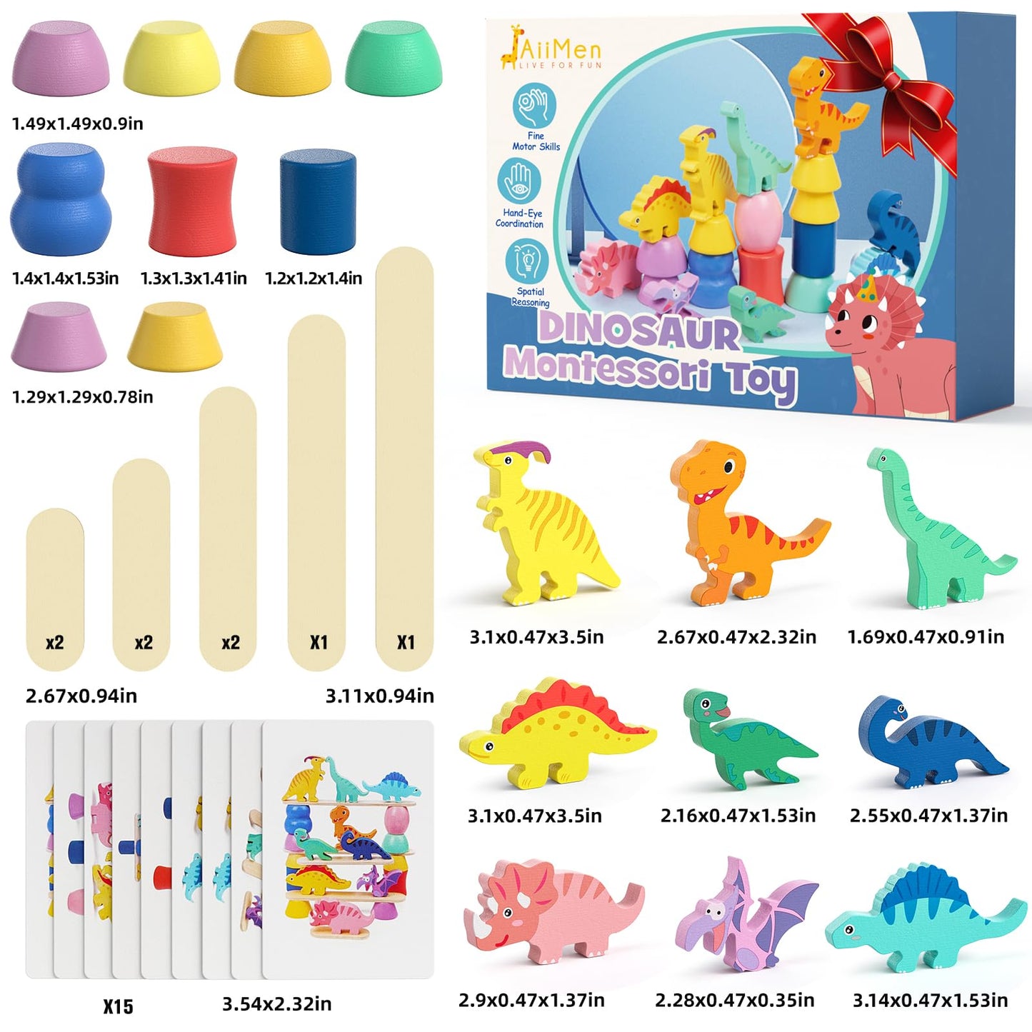 Montessori Wooden Dinosaur Toys – Sorting, Stacking & Balance Blocks for Toddlers Ages 1-4, Preschool Educational Birthday Gift