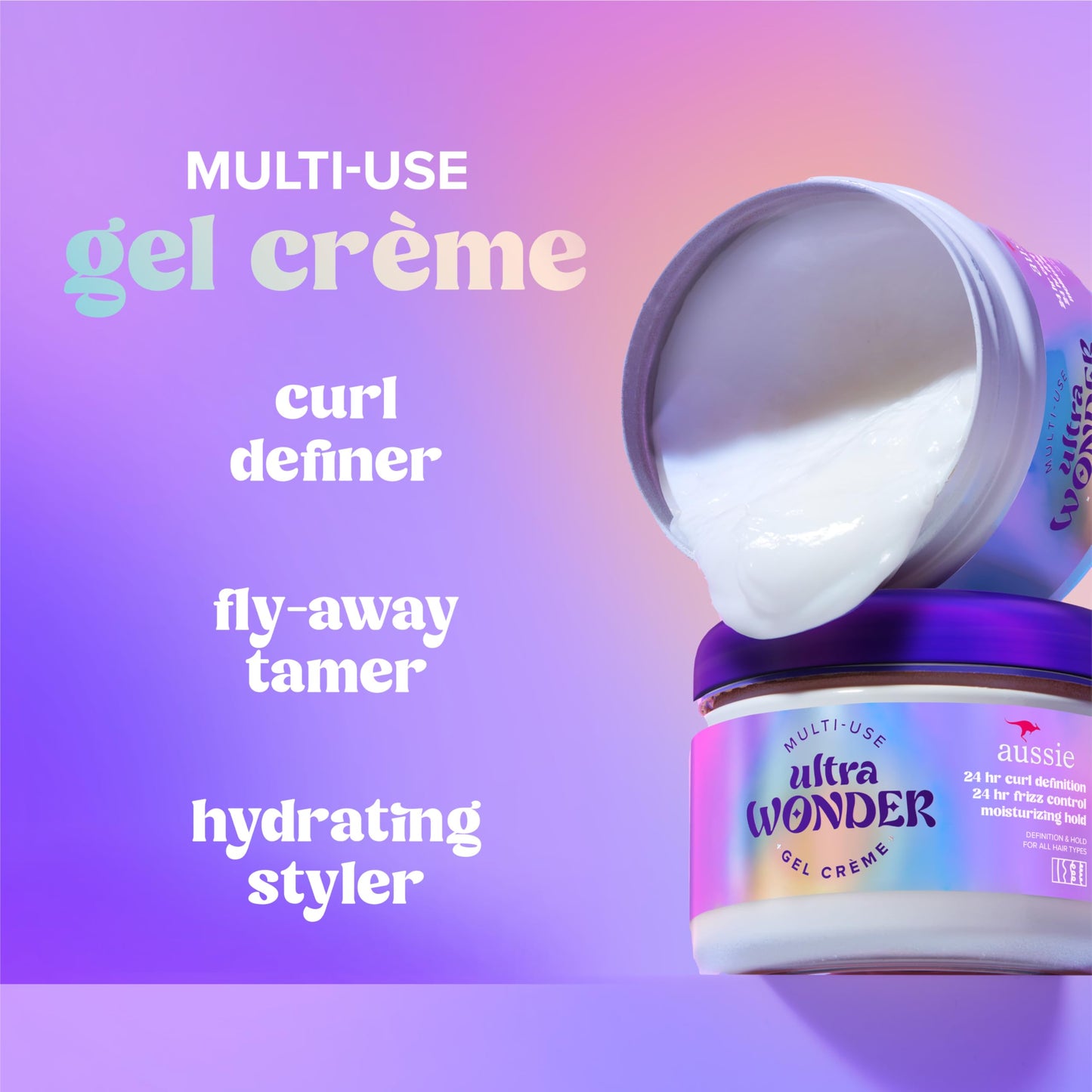 Aussie Ultra Wonder Gel Crème All-in-1 Moisturizing Hold Styler, Gel + Cream, for All Hair Types and Curls, 10.1oz
