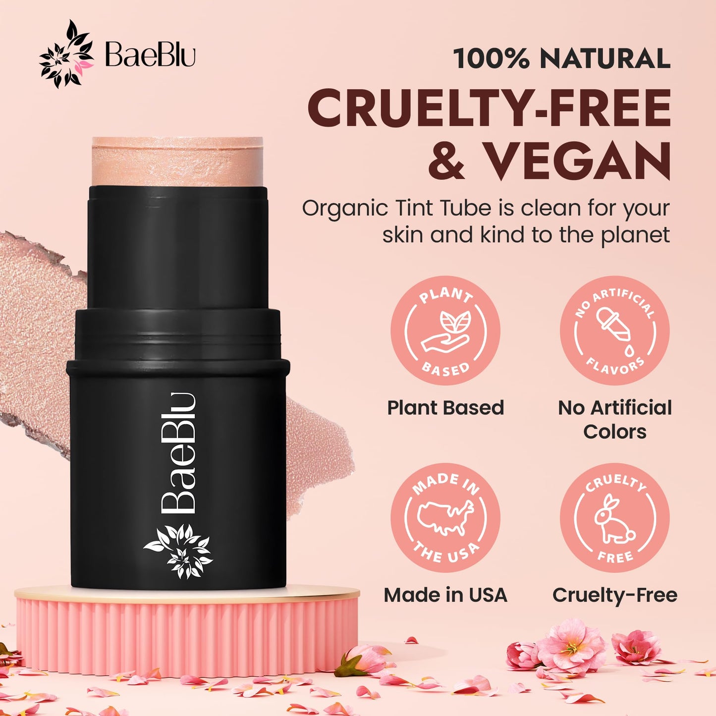 BaeBlu - Organic Blush Tube, Moscato - 100% Natural Vegan Cream Blush Sticks, Multi-Use Bronzer, & Highlighter for Lips, Cheeks & Eyes, Buildable