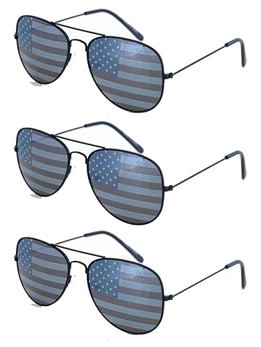 SHADERZ USA America Black Aviator Sunglasses - Great Accessory for US 4th of July - Bulk Set of 3