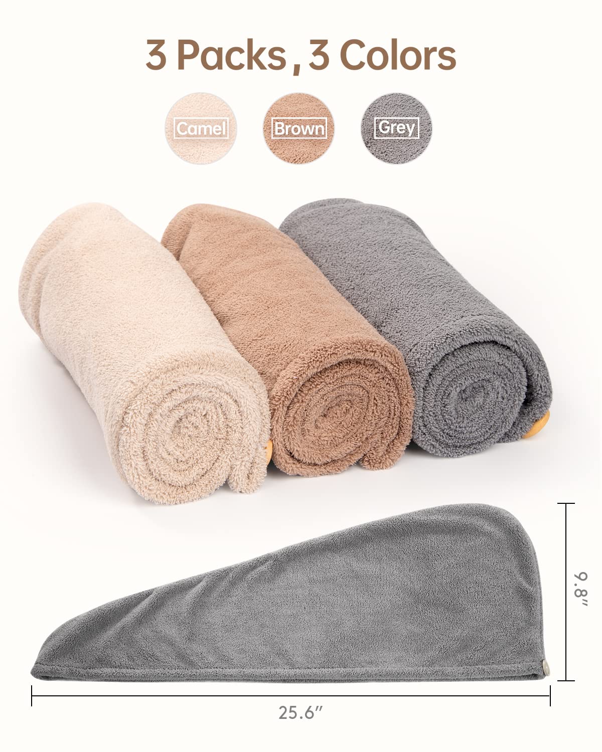 YFONG 3 Pack Hair Drying Towels, Hair Towel with Button, Super Absorbent Microfiber Hair Towel for Curly Hair, Fast Drying Hair Wraps for Women Girls Beauty and Personal Care YFONG