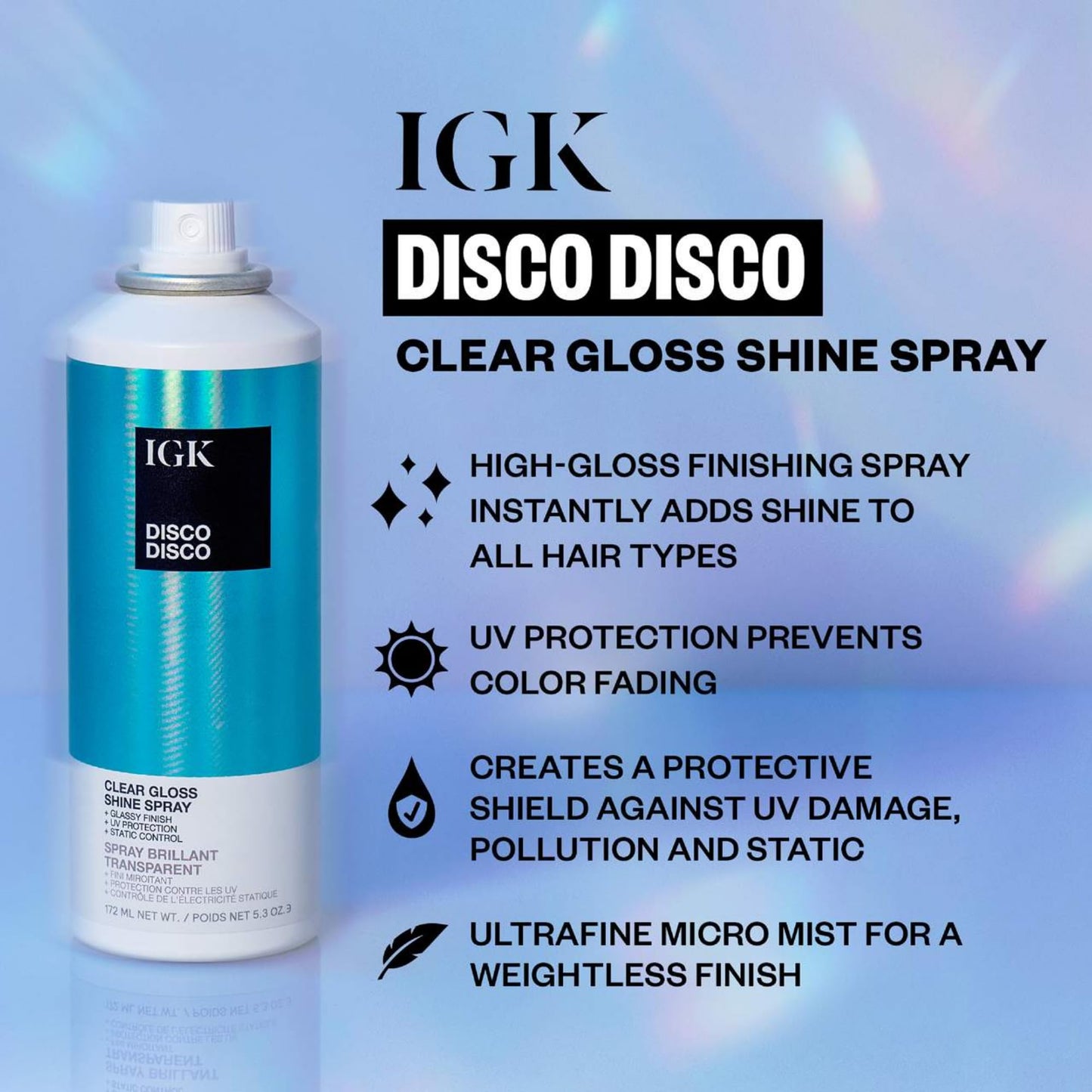 IGK Disco Disco Clear Gloss Shine Spray | Weightless Glassy Shine with a Soft Non-Greasy Finish | UV Protection Finishing Spray | 5.3 Oz