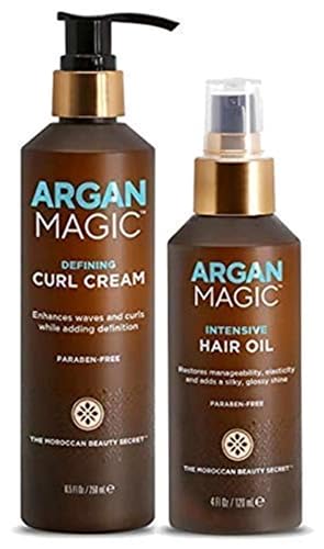 Argan Magic Defining Curl Cream & Hair Cream Oil Combo Pack - Enhances Waves & Curls, Adds Definition | Restores Manageability | Adds Silky, Glossy