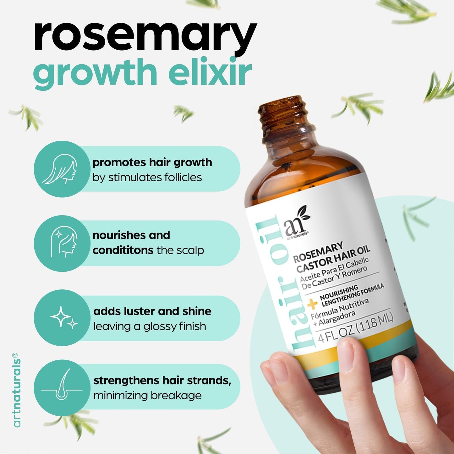 ArtNaturals Organic Rosemary Castor Hair Growth Tonic Oil + Massager Hair Regrowth Set, 4 oz with Coconut & Olive Oil, Scalp Treatment for Dry Beauty and Personal Care Artnaturals
