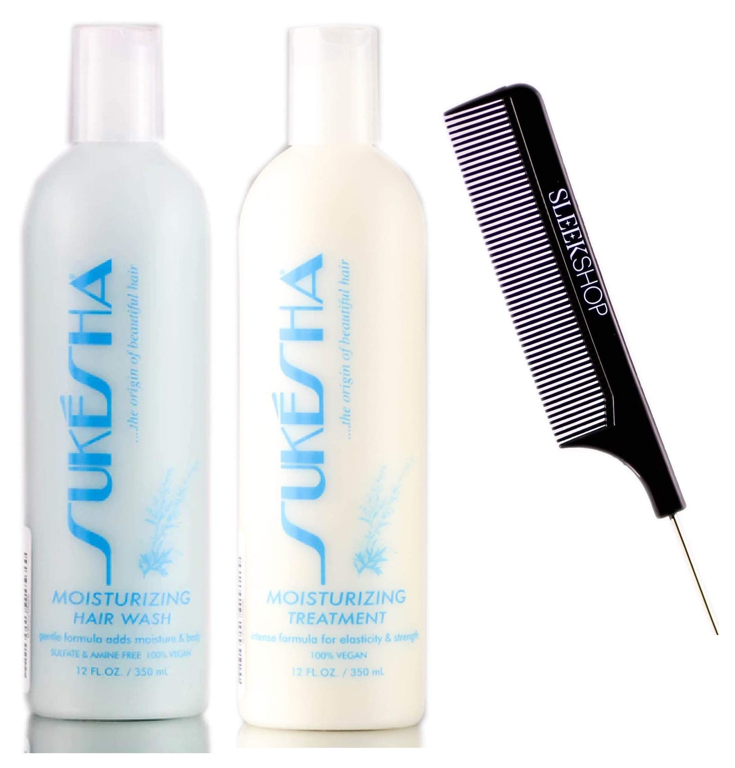 Sukesha Moisturizing Hair Wash Shampoo & Moisturizing Treatment Conditioner DUO Set (w/Sleek Comb) Dry, Brittle, Chemically Treated Hair, 100% Vegan