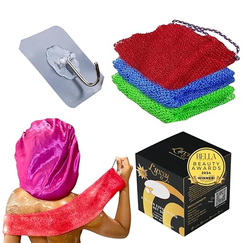 Luxxy® | 3 Pack Set 2 Soft African Exfoliating Nets & 1 Rough African Net Sponge with Handles For The Back, Neck or Feet, Black Women Owned, Achieve