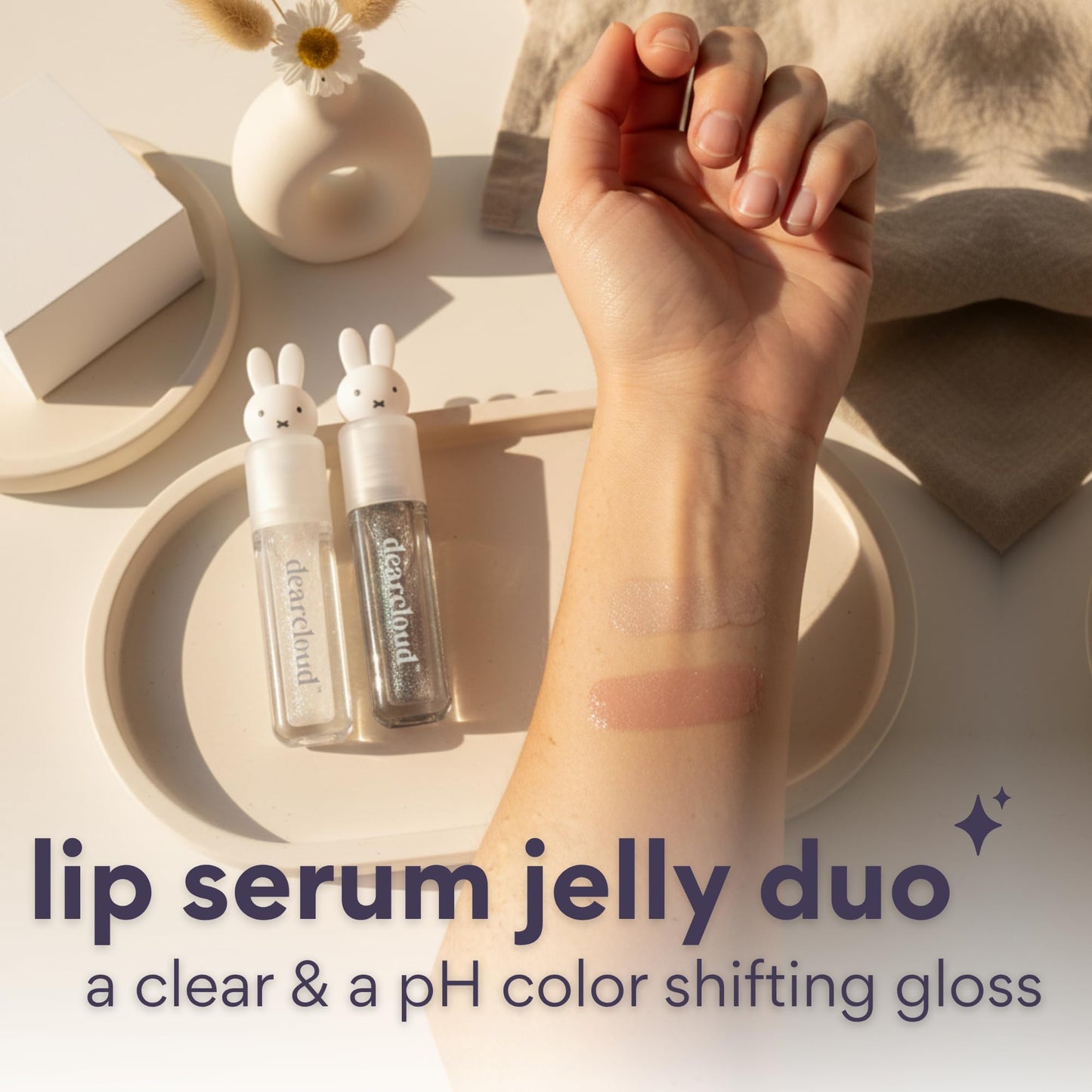 dearcloud Miffy Lip Serum Jelly Duo - Hydrating Lip Gloss for Women with Hyaluronic Acid, Rosehip & Jojoba Seed Oils- Korean Skin Care pH Color
