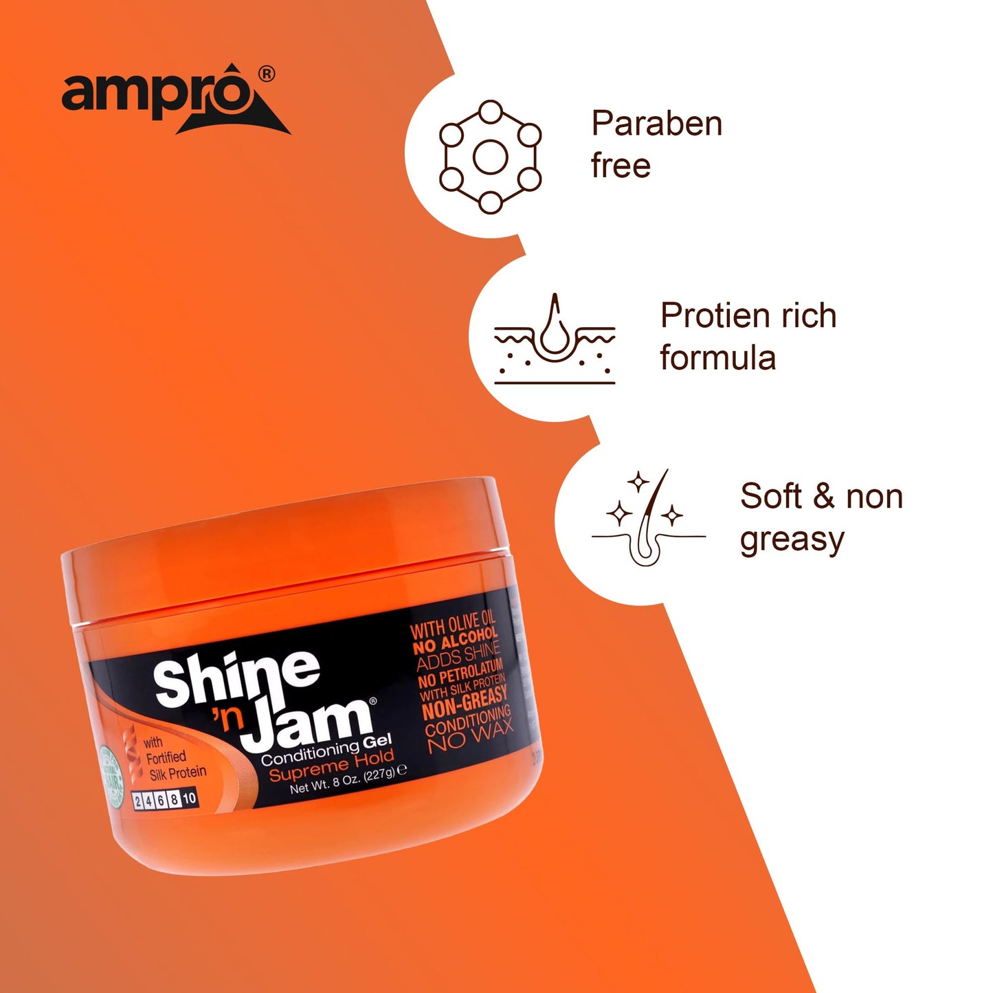 Ampro Shine-n-Jam Supreme Hold - Conditions Hair with Olive Oil and Silk Protein - Great for Smoothing Fringe, Ponytails, and Up-dos - Firms Tresses