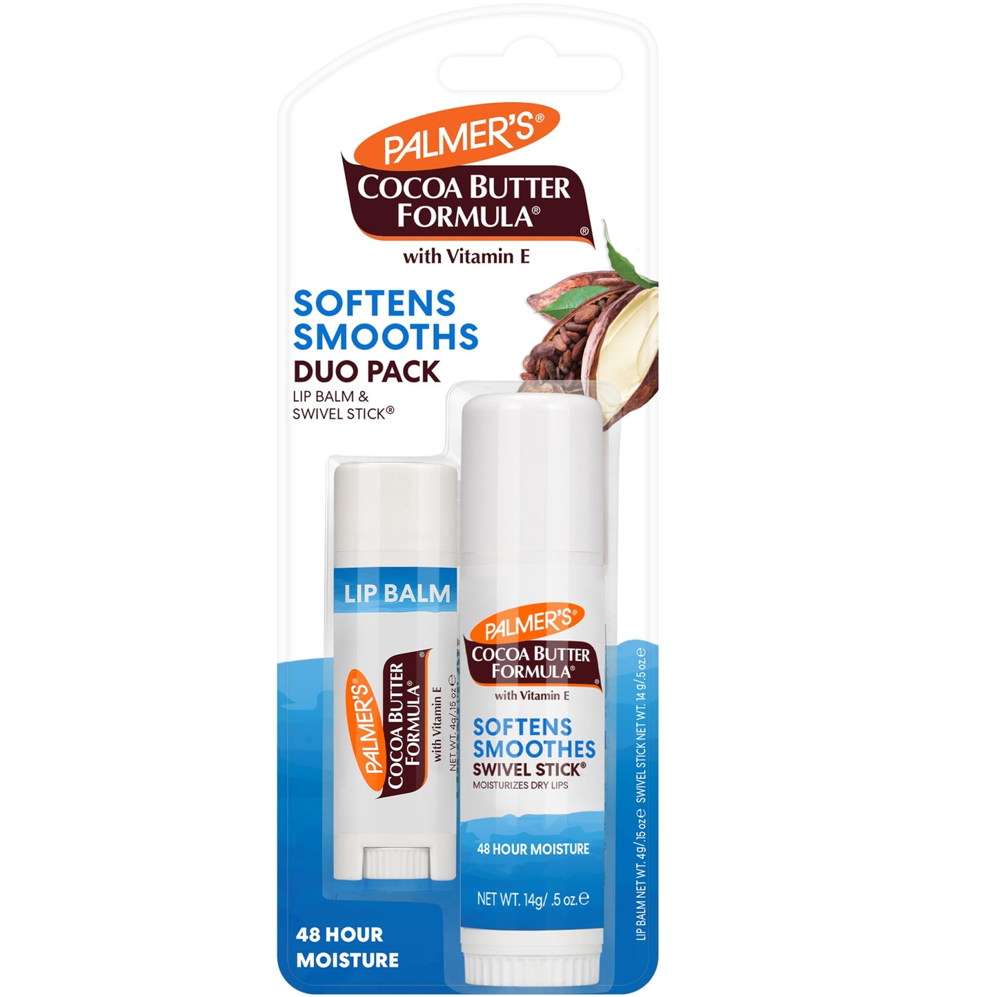 Palmer's Cocoa Butter Formula Duo Pack, Moisturizing Swivel Stick and Lip Balm with Vitamin E, All Day Moisturization, For use on Lips, Dry Patches