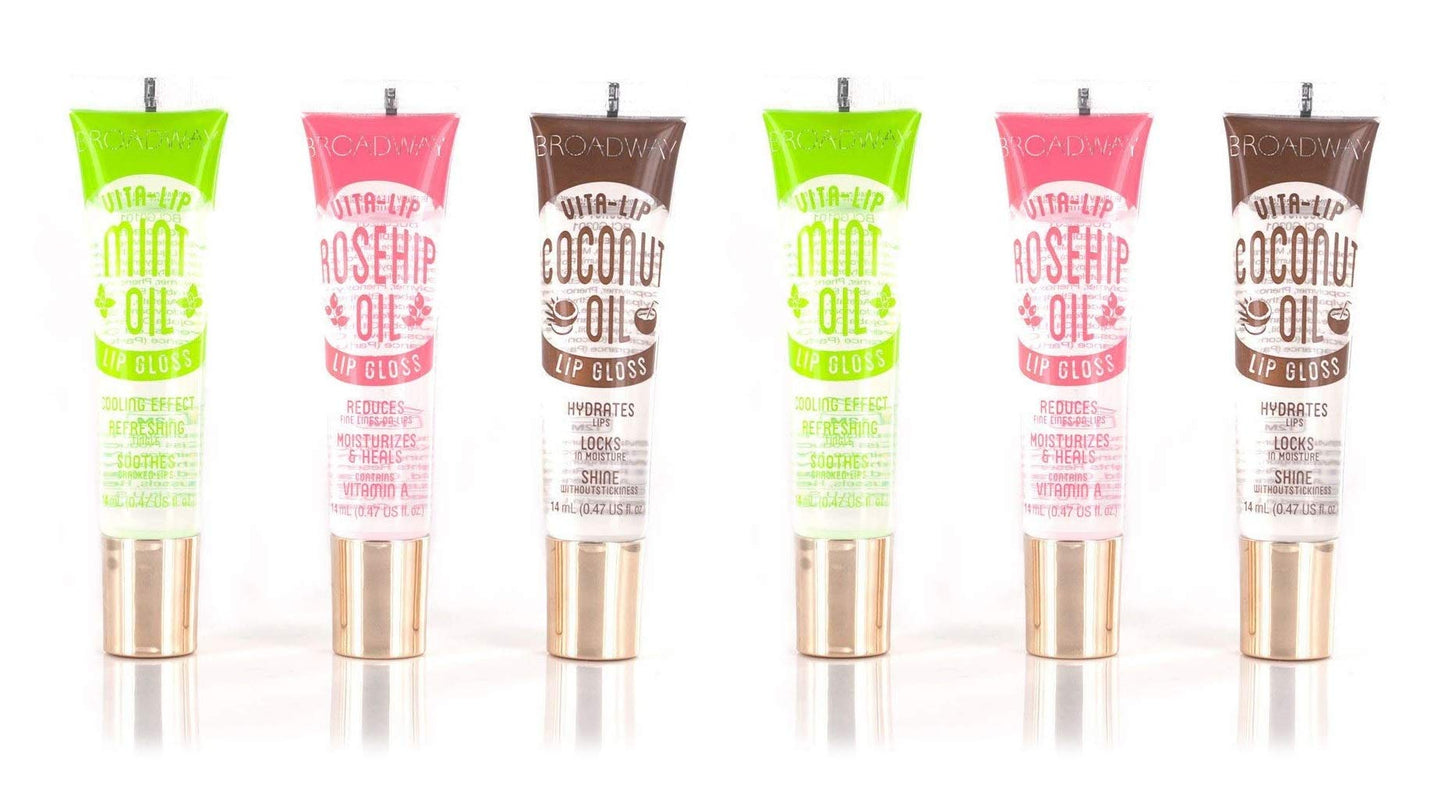Ruby Kisses Broadway Vita-Lip Clear Lip Gloss (6 Pack Mint, Rosehip, Coconut Oil), Ultra-Hydrating & Soothing Formula with Vitamin Oils, High-Shine