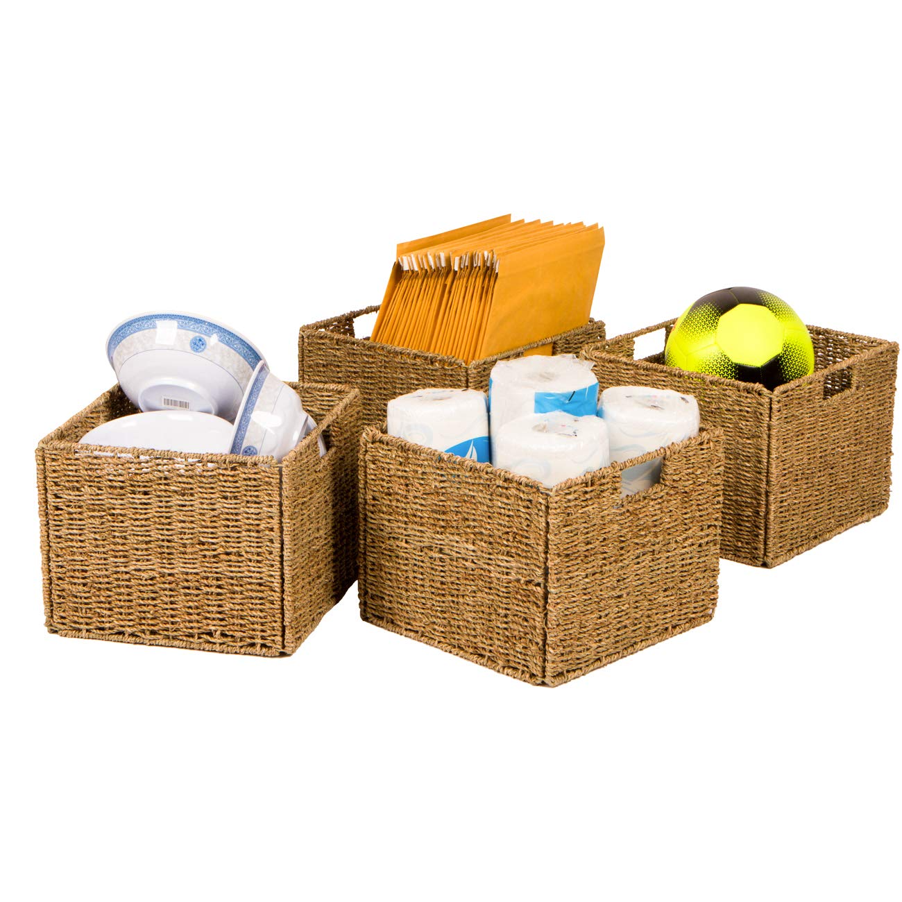 Trademark Innovations 12.7" Foldable Seagrass Storage Basket with Iron Wire Frame (Set of 4)