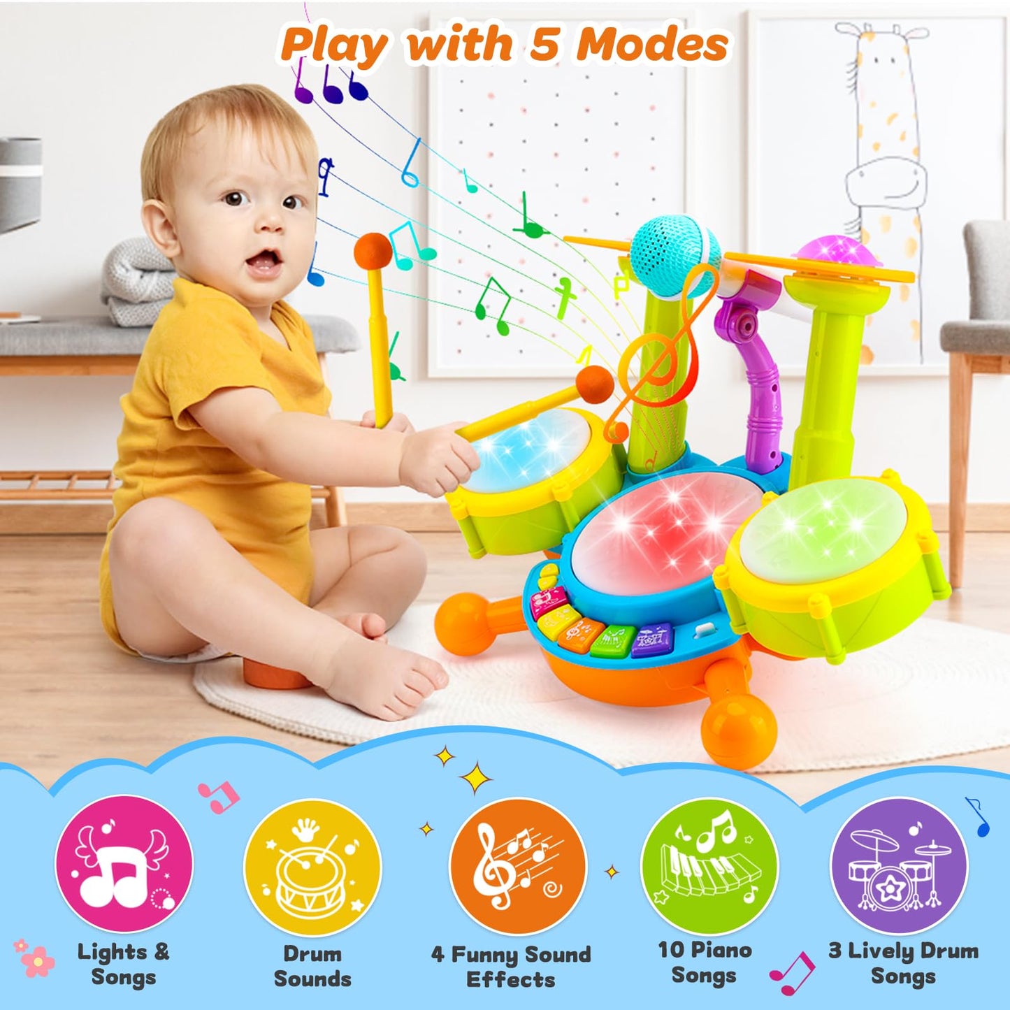 Kids Drum Set for Toddlers 1-3 – Musical Baby Toy with Microphone & Lights, Montessori Learning Gift for Boys & Girls, Ages 6–24 Months