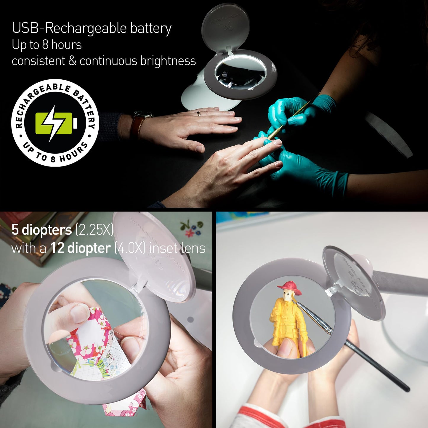Daylight Company Halo Go Magnifier Lamp, Rechargeable USB, Portable, Lightweight, Desk Lamp Reading, Hobbies, Sewing, Crafts, Nail Salon, Handcrafts