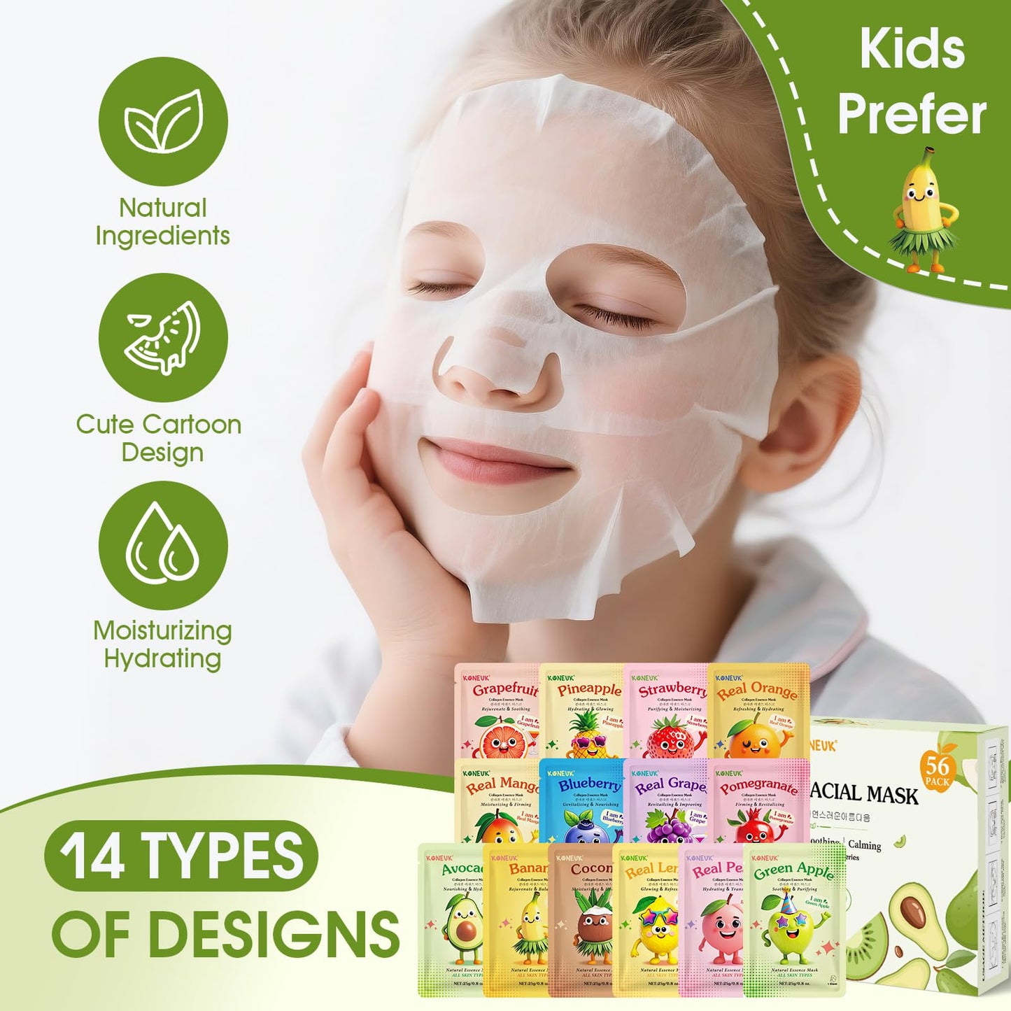 56 Pack Fruit Collagen Face Masks Skincare for Teens Girls, Sheet Face Mask Skin Care for Kids, Bulk Hydrating Facial Masks for Women, Face Mask Set Beauty and Personal Care KONEUK