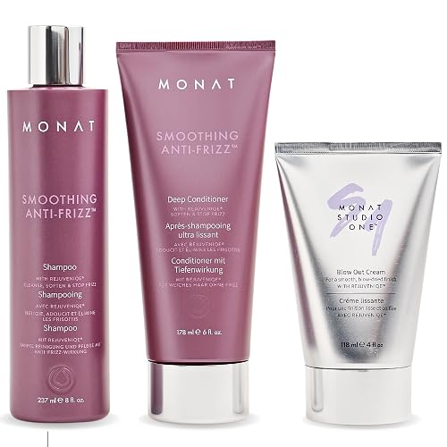 MONAT Smoothing Anti Frizz Shampoo, Deep Intensive Treatment & Blow Out Cream - Frizzy Hair Care Pack - Vegan, Natural, Heat Damage Protection