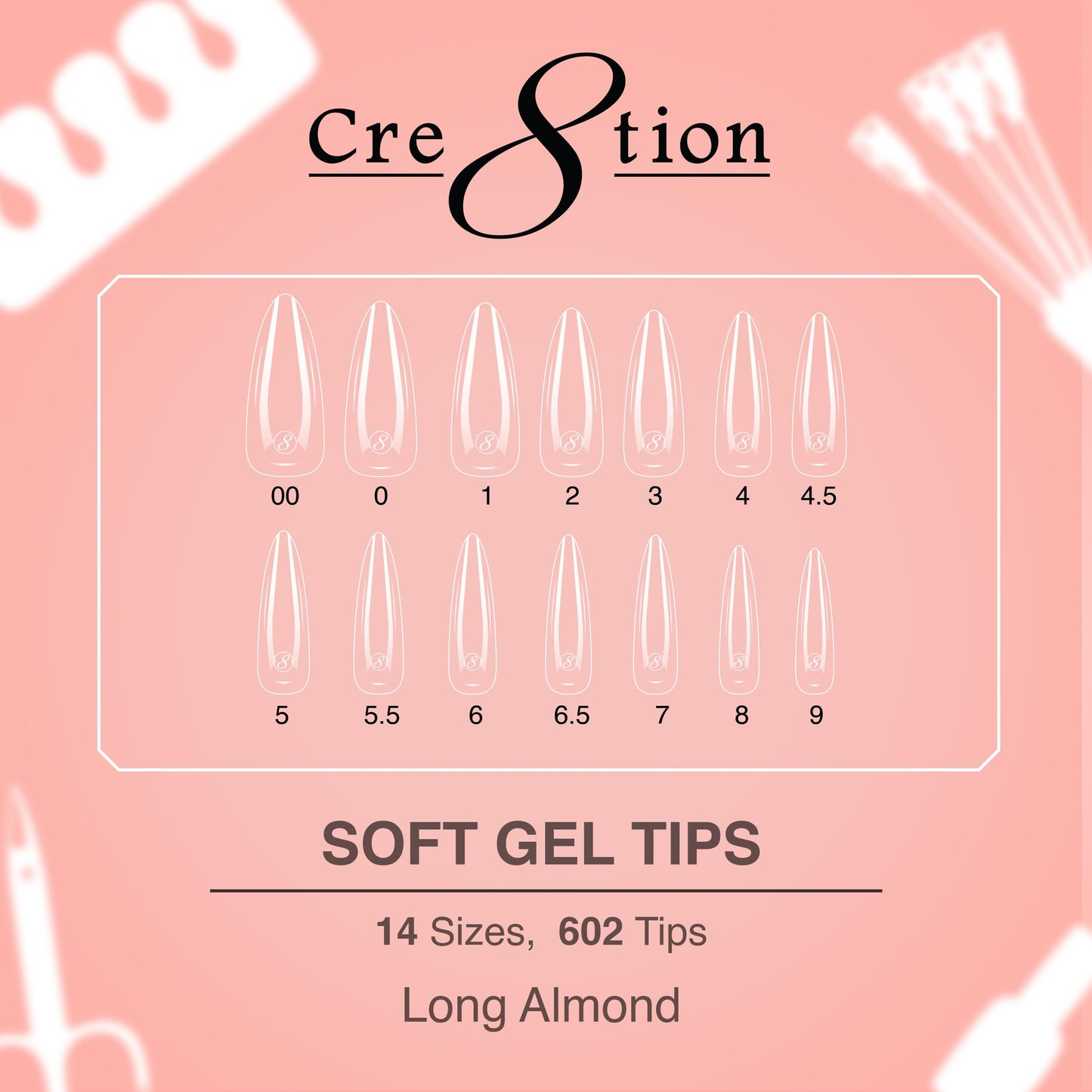 Cre8tion Soft Gel Nail Tips, Long Almond Shape, 602 Tips in 14 Sizes (00-9) for Professional Nail Extensions Beauty & Personal Care Cre8tion