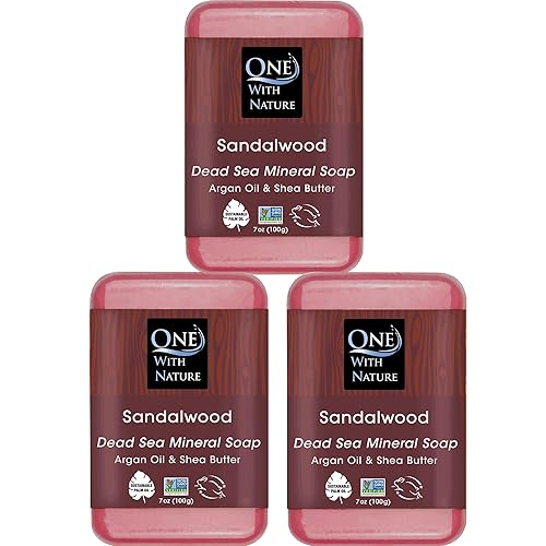 One With Nature Dead Sea Salt Sandalwood Soap 7oz 3-Pack - Purifying and Exfoliating Soap Bar with Dead Sea Minerals and Sandalwood for Face & Body