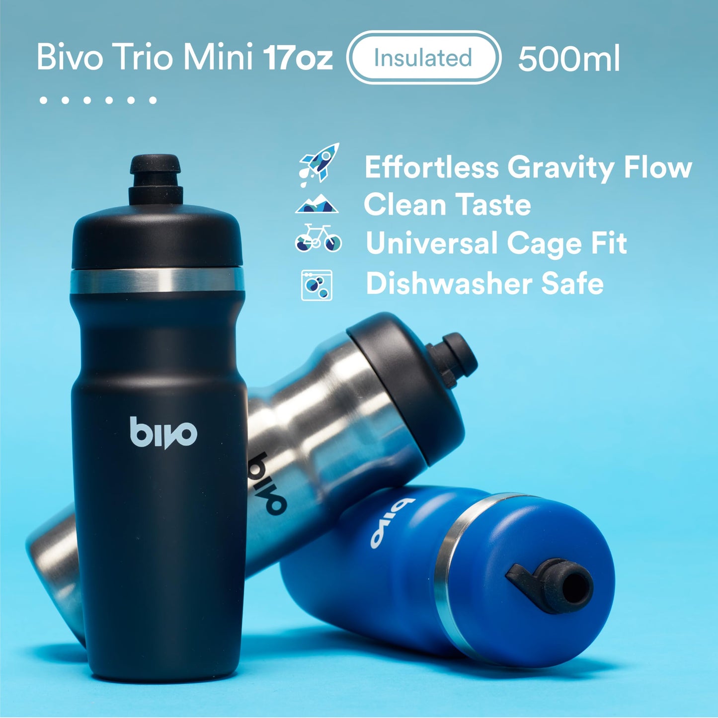 bivo Trio Mini 17oz Insulated Stainless Steel Bike Water Bottle - for Cycling - Compact, Fits Most Cages, Dishwasher Safe, High Flow Sports Nozzle
