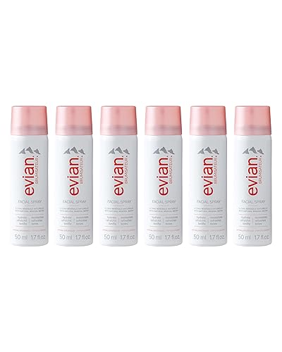 Evian Facial Spray 1.7 oz Travel 6-Pack - Hydrating Mineral Water Mist for Face & Skin - Refreshes Makeup and Tones Skin - TSA-Approved Mini Facial