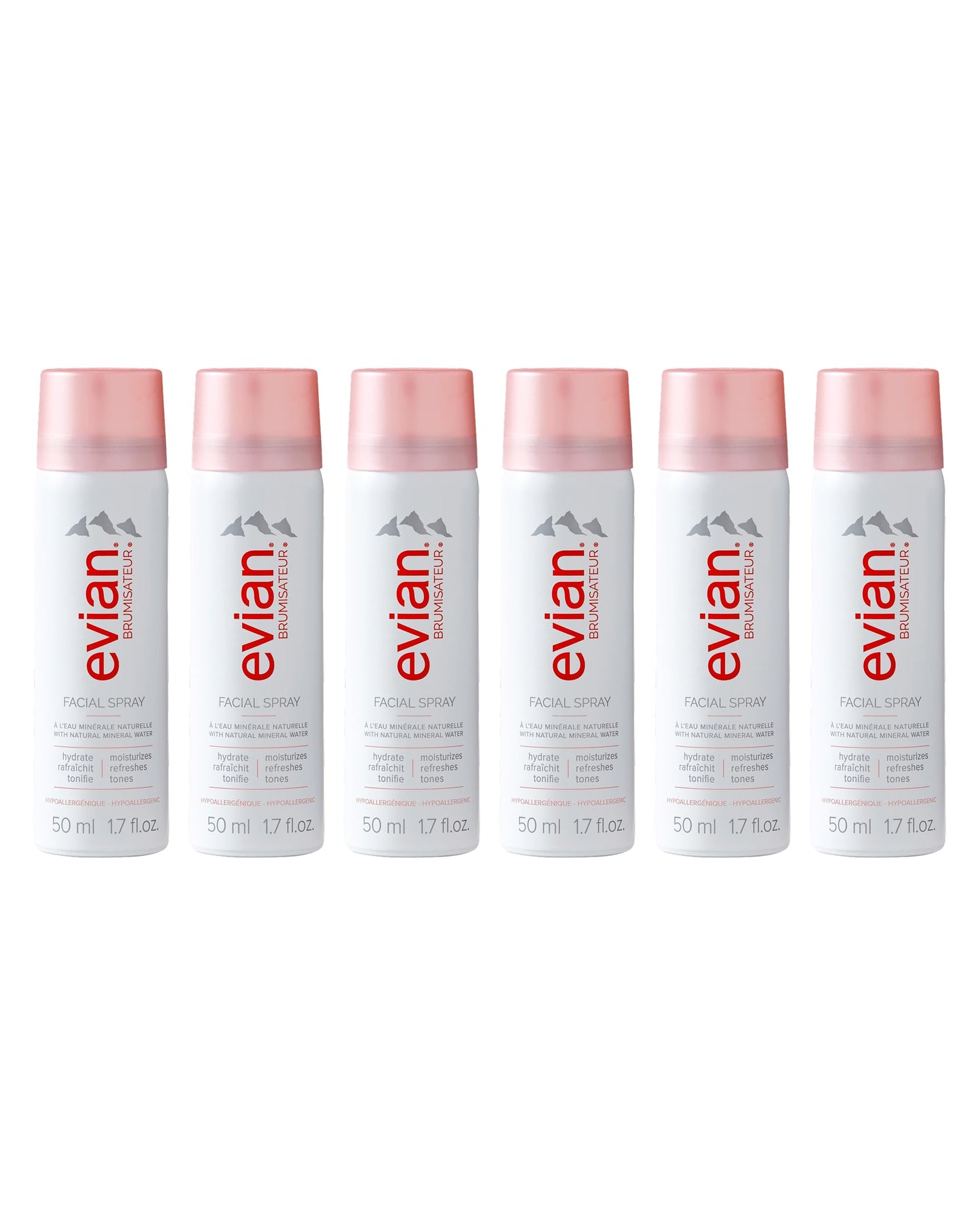 Evian Facial Spray 1.7 oz Travel 6-Pack - Hydrating Mineral Water Mist for Face & Skin - Refreshes Makeup and Tones Skin - TSA-Approved Mini Facial
