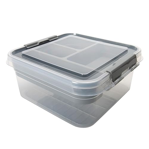 Simplify 5 Compartment Gift Supply Storage Box | 2 Tier Box | Red | Clear Top Lid | Dimensions: 9.5"x 9.5"x 4.5" | Snap Handle| Storage | Wrapping…