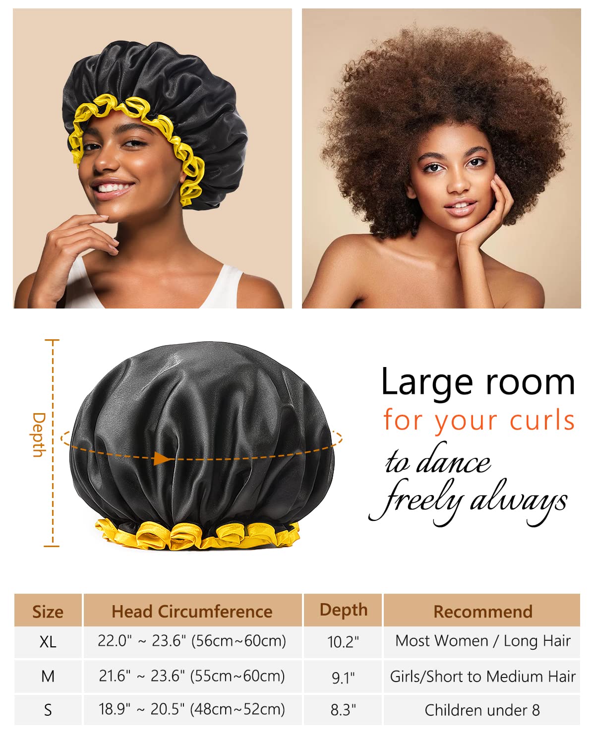 mikimini Black Shower Caps for Women Men & Girls 2 Packs, Reusable, Double Layers Waterproof Bathing Shower Hat with Soft Comfortable PEVA Lining