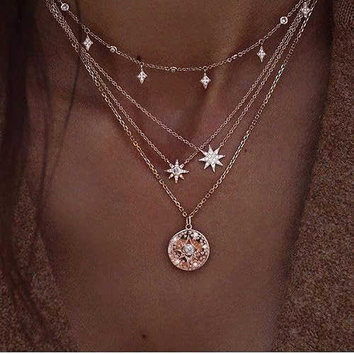DoubleNine Multilayer Necklace Sun Star Golden Crescent Pendant Gold Medal Sequins Women Crystal Necklace Layered Delicate Collar Women Girls Bride