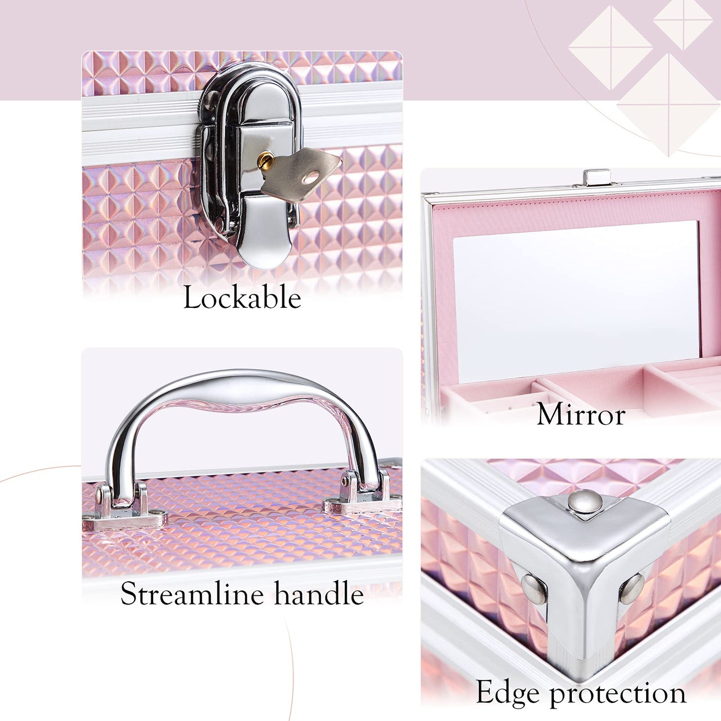 Hododou Girls Jewelry Box Organizer with Drawer & Mirror, Shiny Pink Style Lockable Storage Case for Kid or Little Girls Jewelry and Hair Accessories
