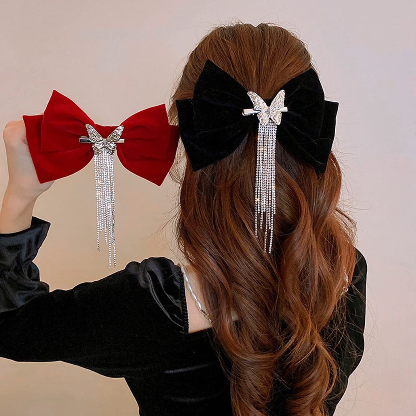 Wekicici Butterfly Rhinestone Hair Clips with Tassel Barrettes and Huge Soft Bows for Women and Girls (Black)