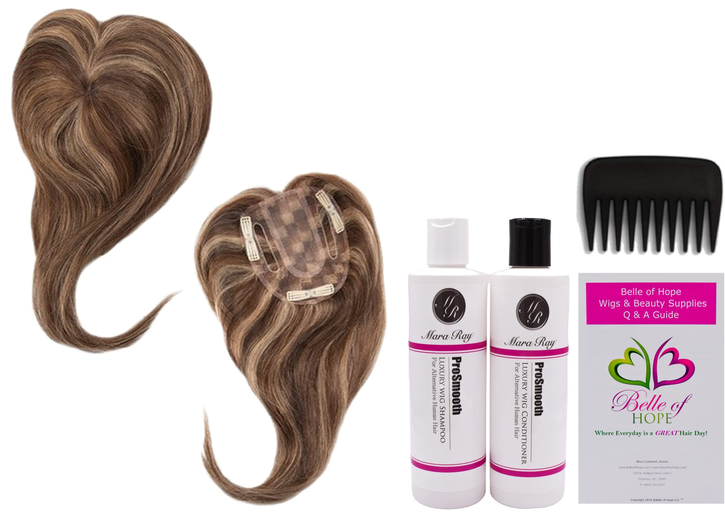 ADD-ON CENTER Human Hair/HF Synthetic Blend Topper by Envy, 5PC Bundle: Topper, 4oz Mara Ray Luxury Shampoo & Conditioner, Wide Tooth Comb, and 19