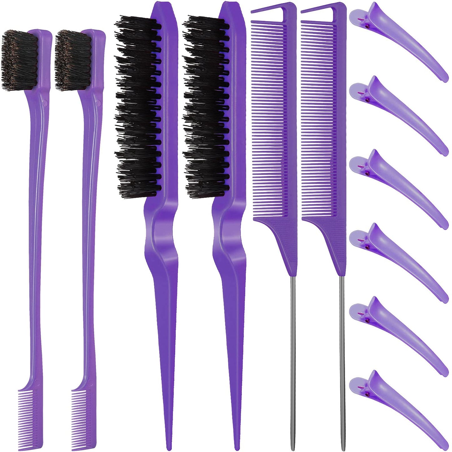 Remerry Nylon Hair Brush Set for Women & Girls, 12 Pieces Including 3 Row Salon Teasing Brushes, Double Sided Hair Edge Brush, Rat Tail Combs